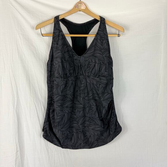 Kona Sol Tankini Top 14W Black Leaf Pattern Built in Bra Ruched Tummy - Picture 1 of 6